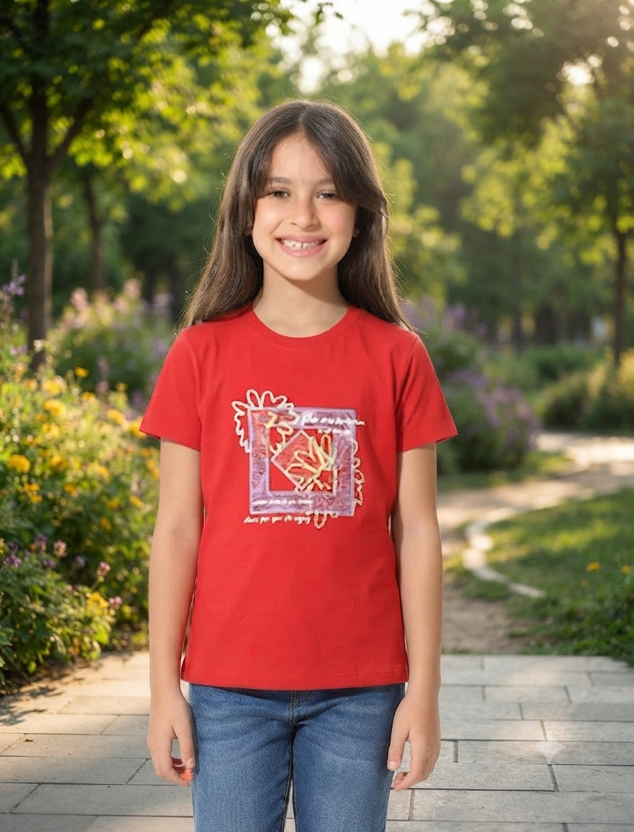 Girls "Floral Frame" Cotton Active Tee - Red Cotton