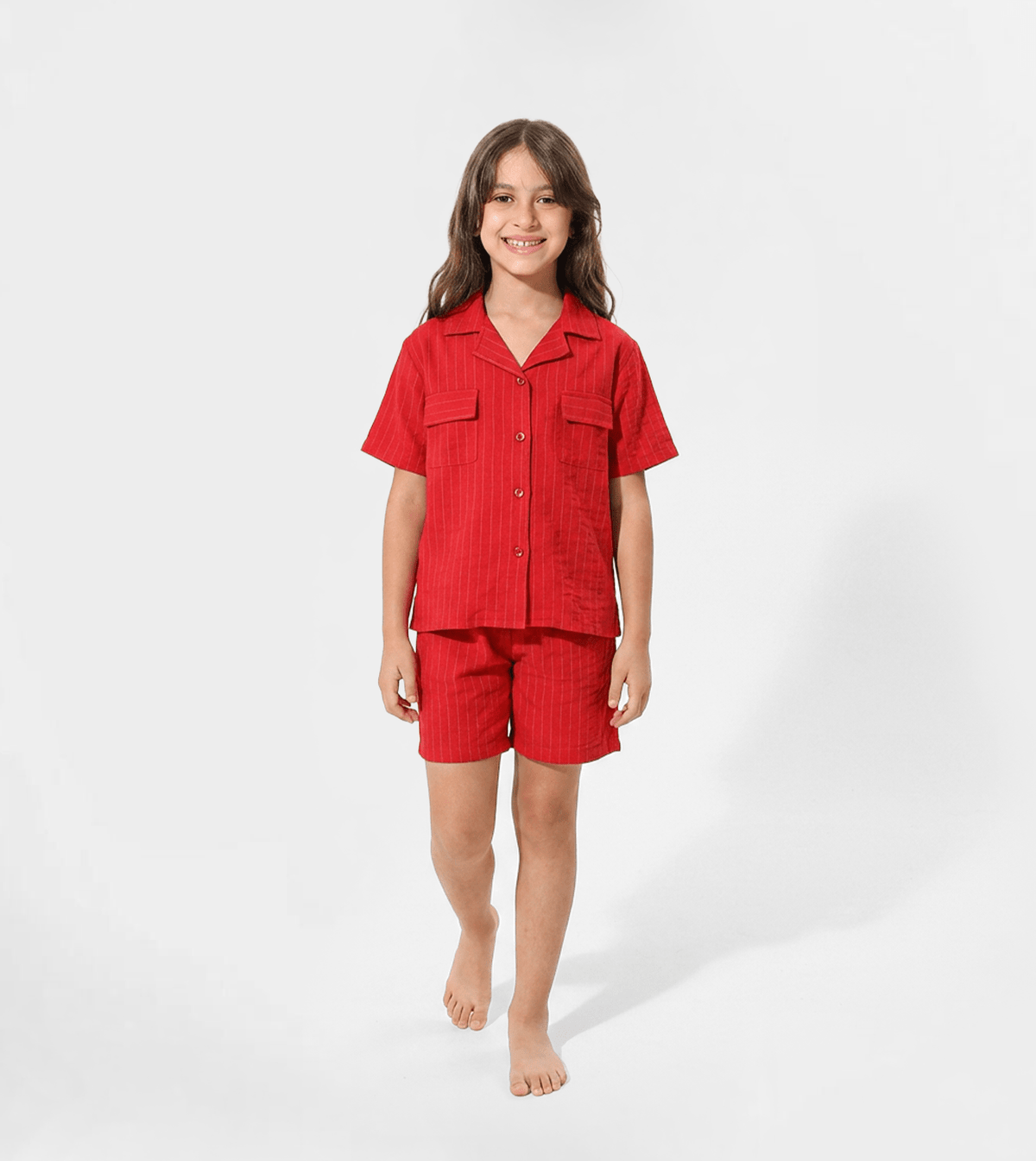 Girls Linen Pajama Shorts Set - Red Cotton