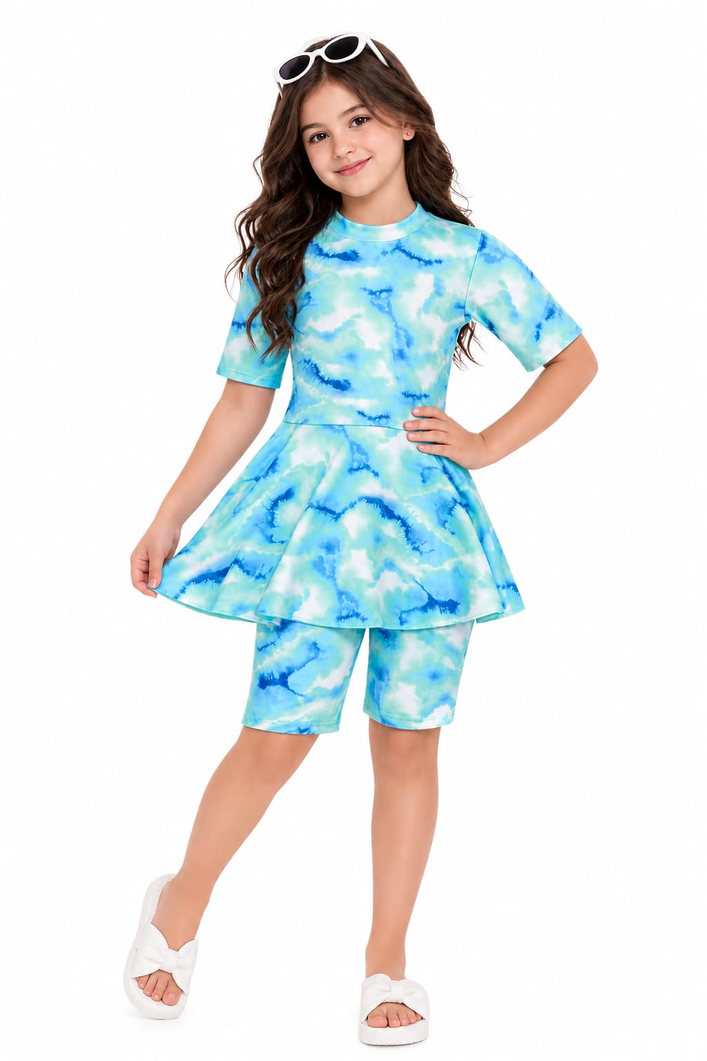 Girls’ Modest Swimwear Set – Short Sleeve Top with Shorts - Red Cotton