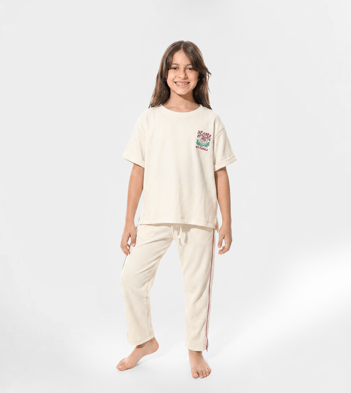 Girls’ Off-White Jacquard Pants Set - Red Cotton