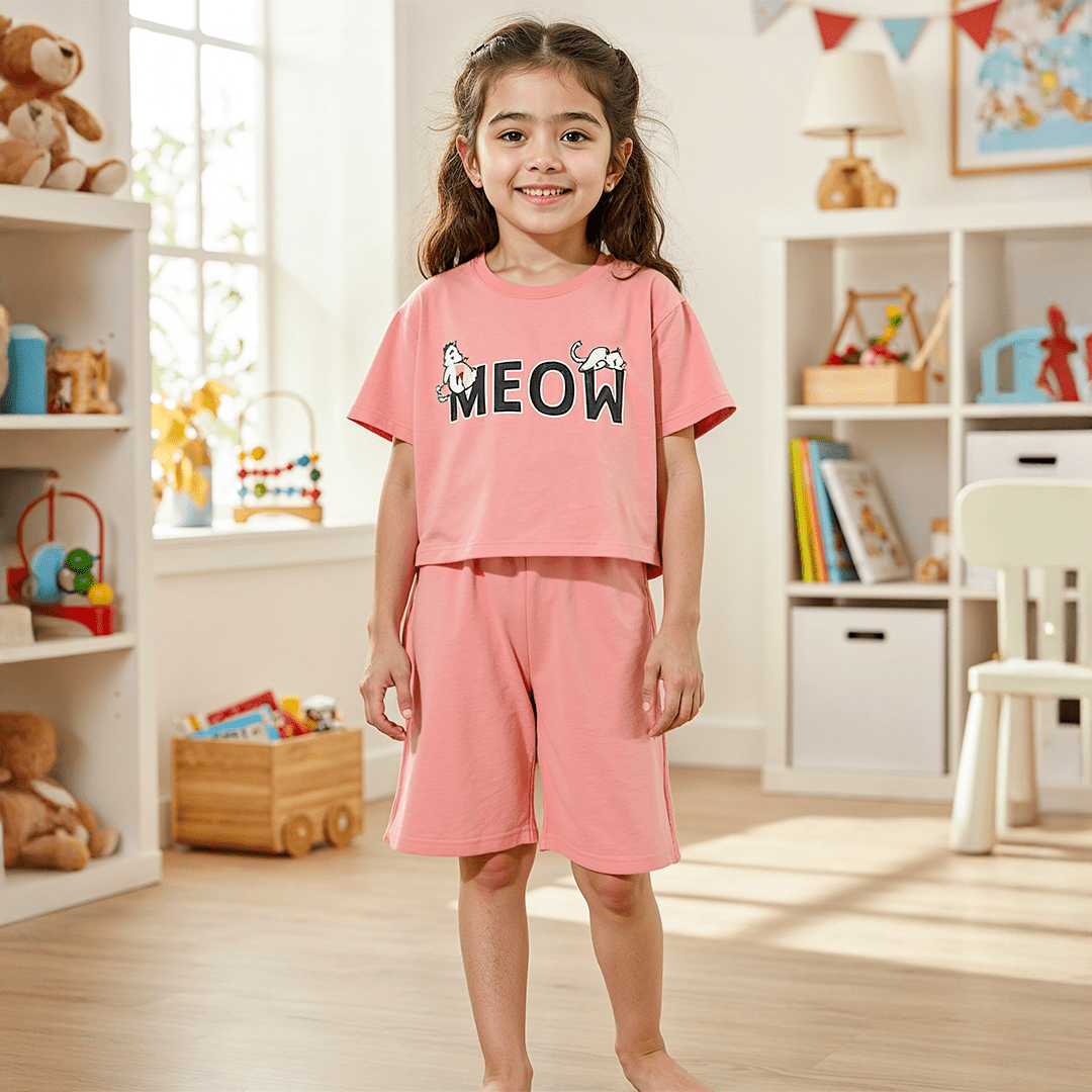 Girls’ Pink Meow Printed Short Set - Red Cotton