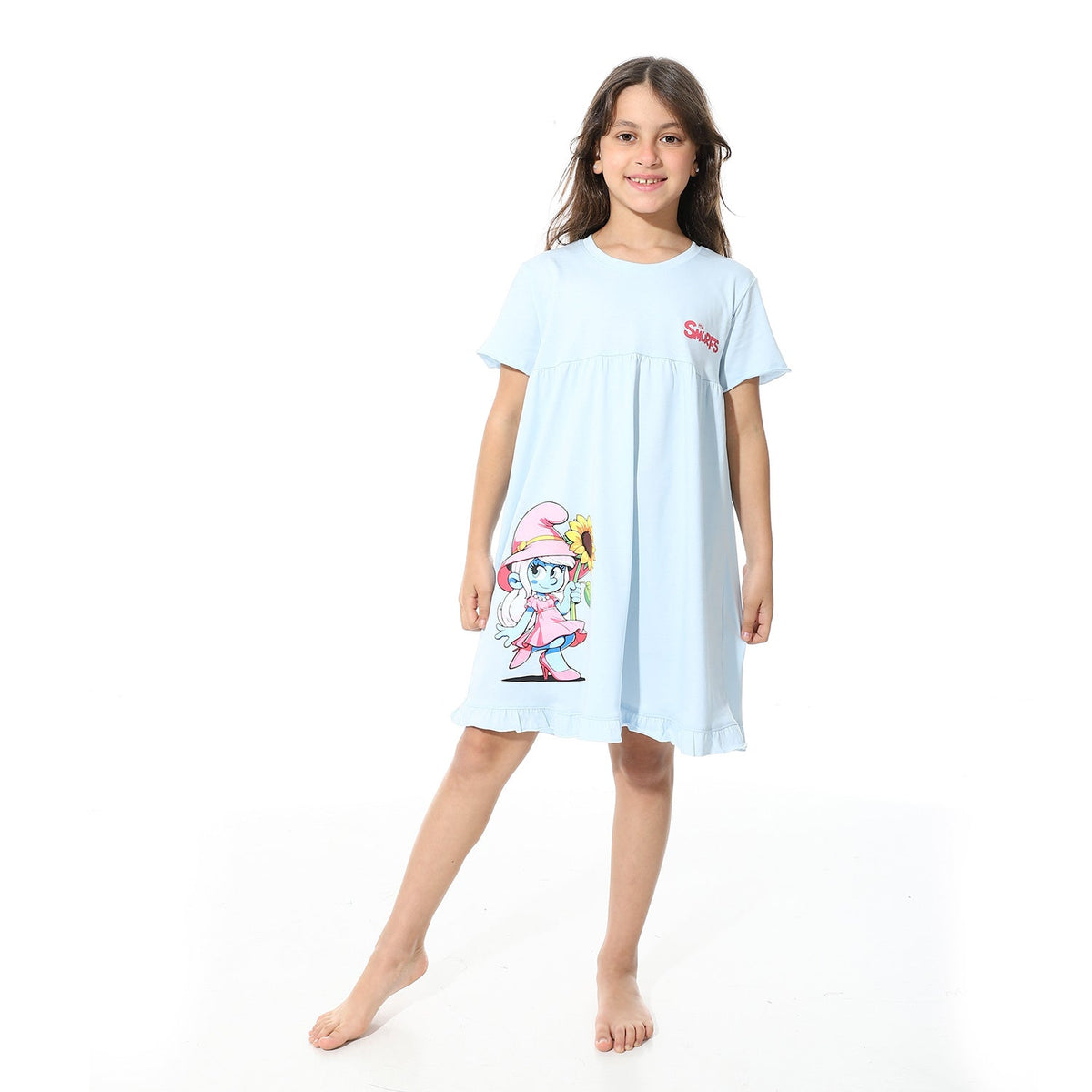 Girls Printed Short Sleeves Nightgown - Blue - Red Cotton