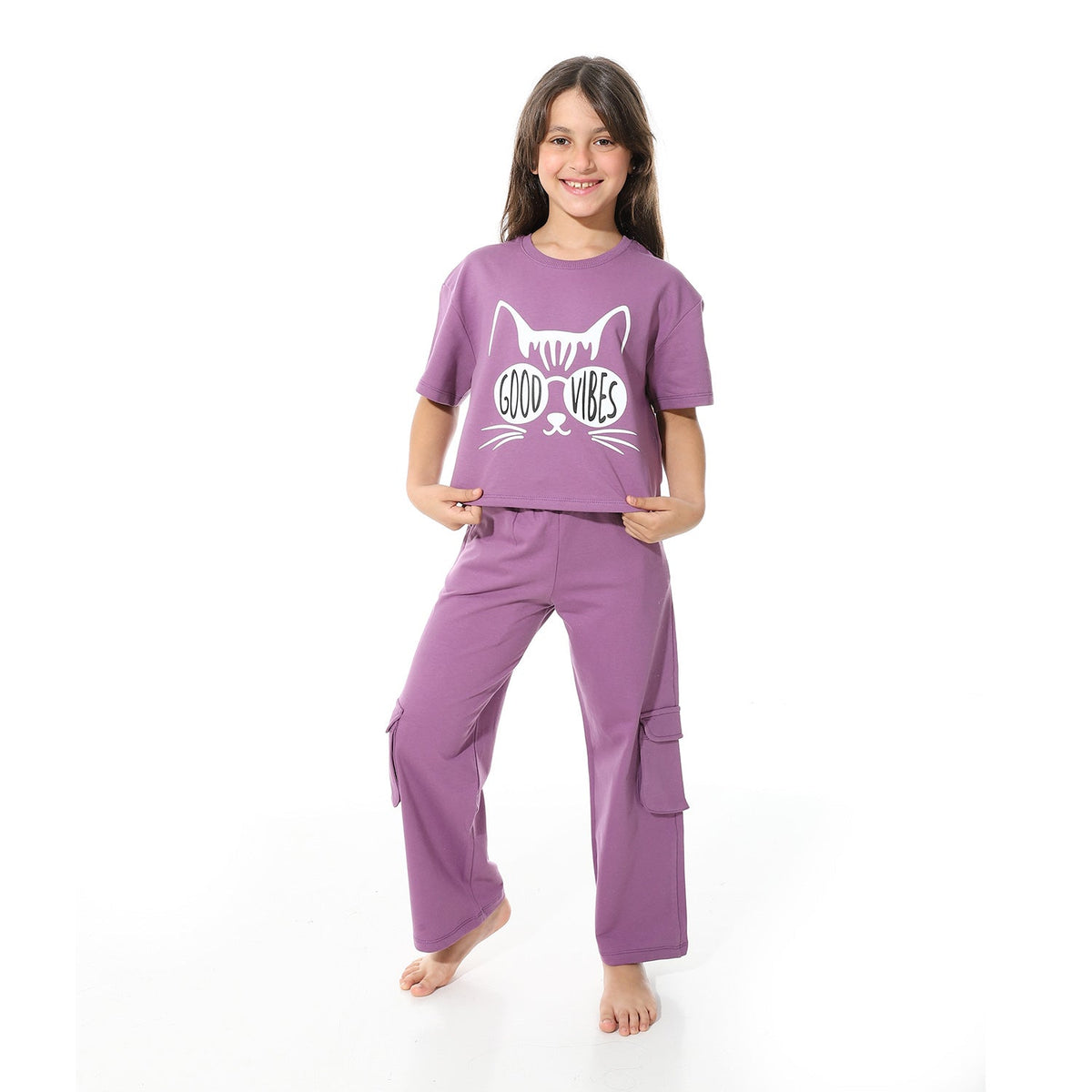 Girls' Purple Crop Top & Wide Leg Pants Set - Red Cotton