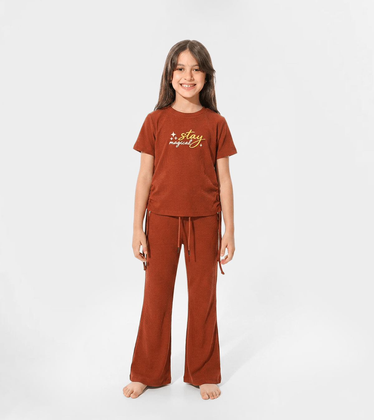 Girls "Stay Magical" Polyester Pajama Set in Rust Brown - Red Cotton