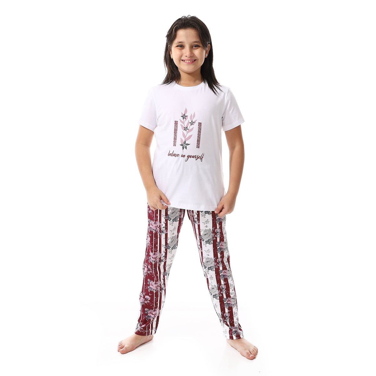 Girl's Summer Pajama , Soft and Comfy - White & Red - Red Cotton