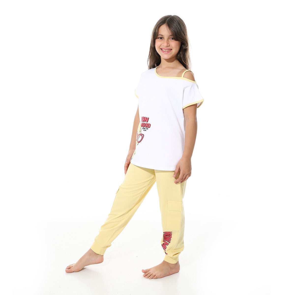 Girls’ Tweety Cartoon Pajama Set – White and Yellow - Red Cotton