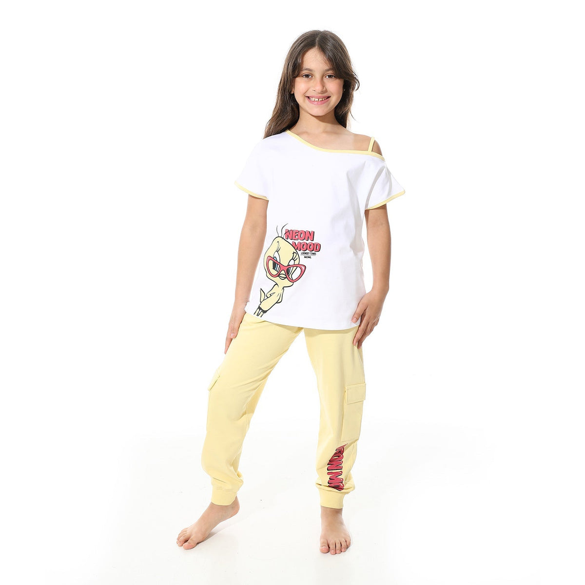 Girls’ Tweety Cartoon Pajama Set – White and Yellow - Red Cotton