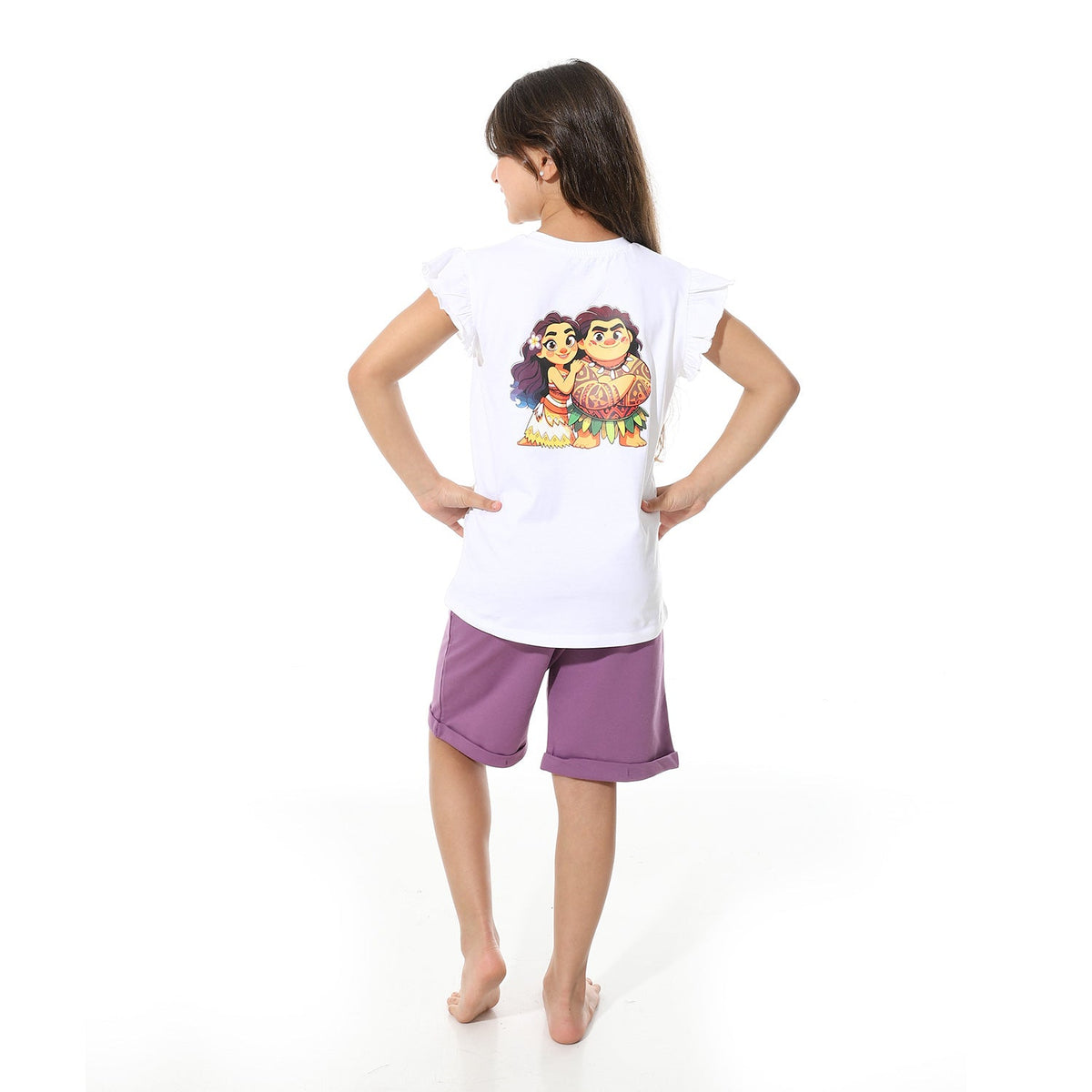 Girls’ White "Moana" Printed Short Pajama Set - Red Cotton