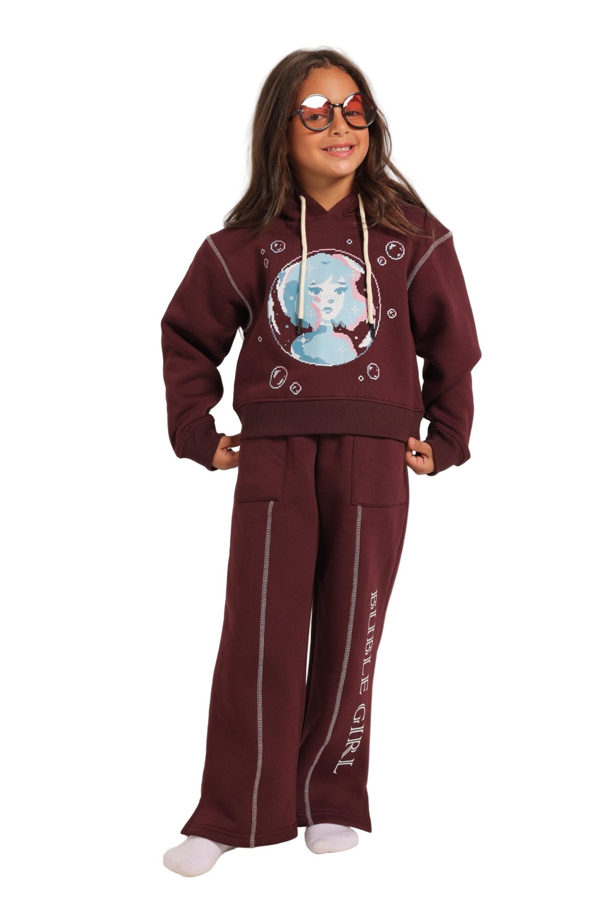 Girls' Winter Pajama Set –Burgundy Hoodie and Burgundy Wide-Leg Pants - Red Cotton