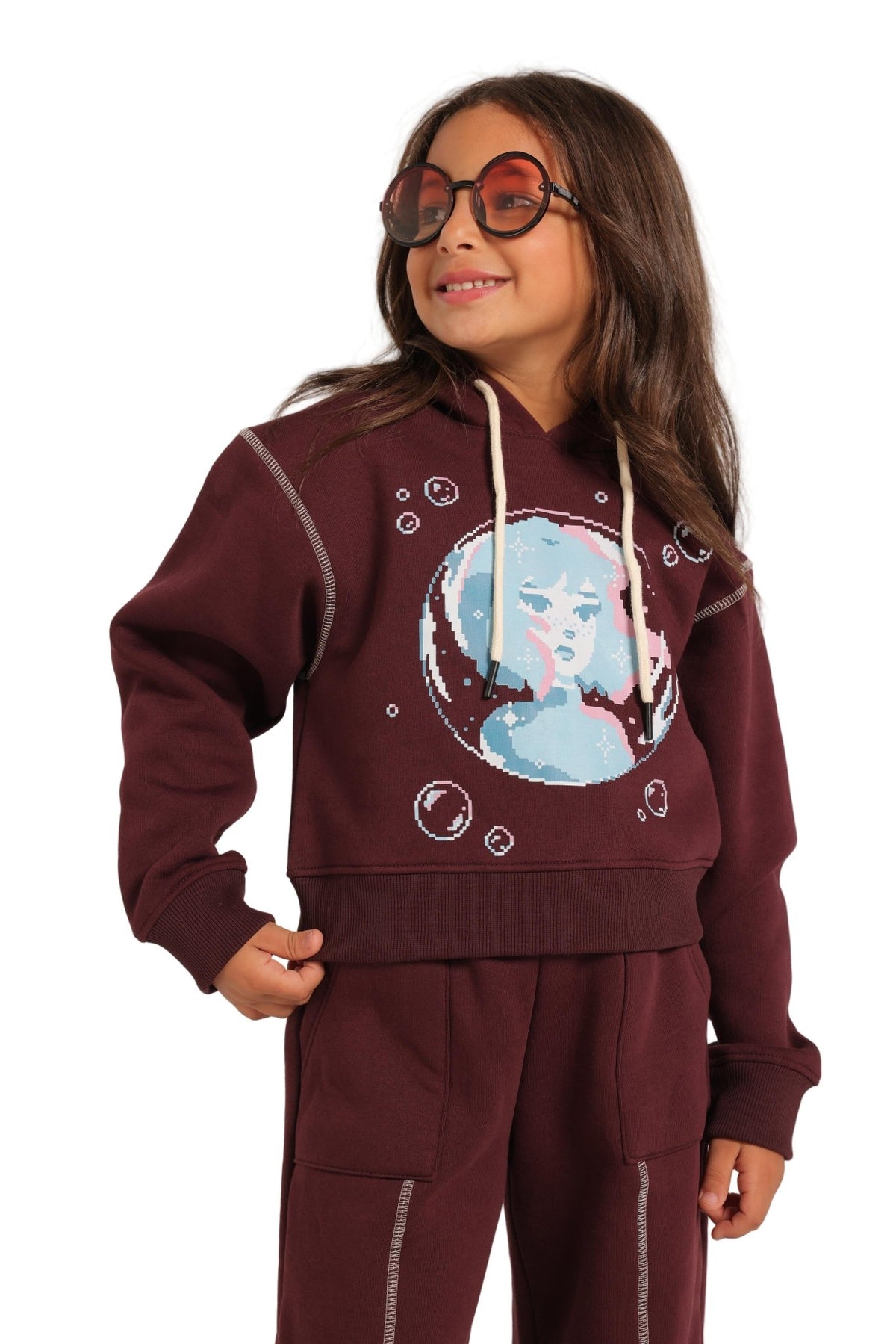 Girls' Winter Pajama Set –Burgundy Hoodie and Burgundy Wide-Leg Pants - Red Cotton