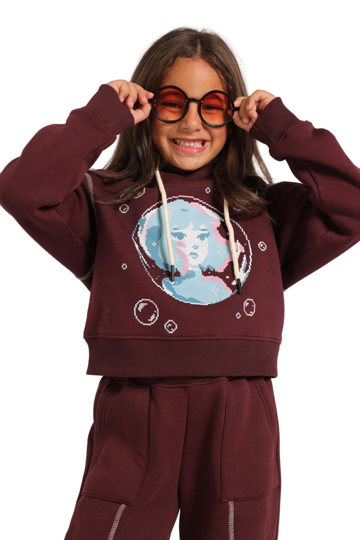 Girls' Winter Pajama Set –Burgundy Hoodie and Burgundy Wide-Leg Pants - Red Cotton
