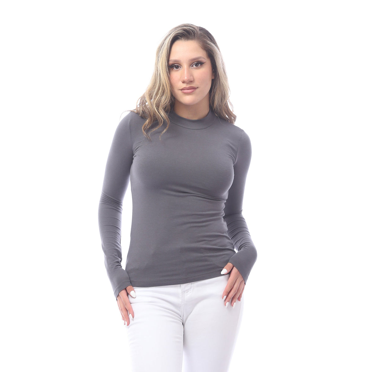 High Neck Long Sleeve T-Shirt For Women - Red Cotton