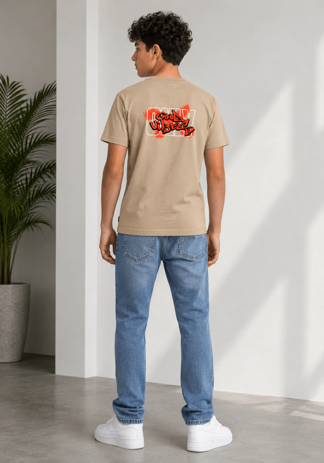 Kids Garmenday Oversized T-Shirt – Beige – Front & Back Print - Red Cotton