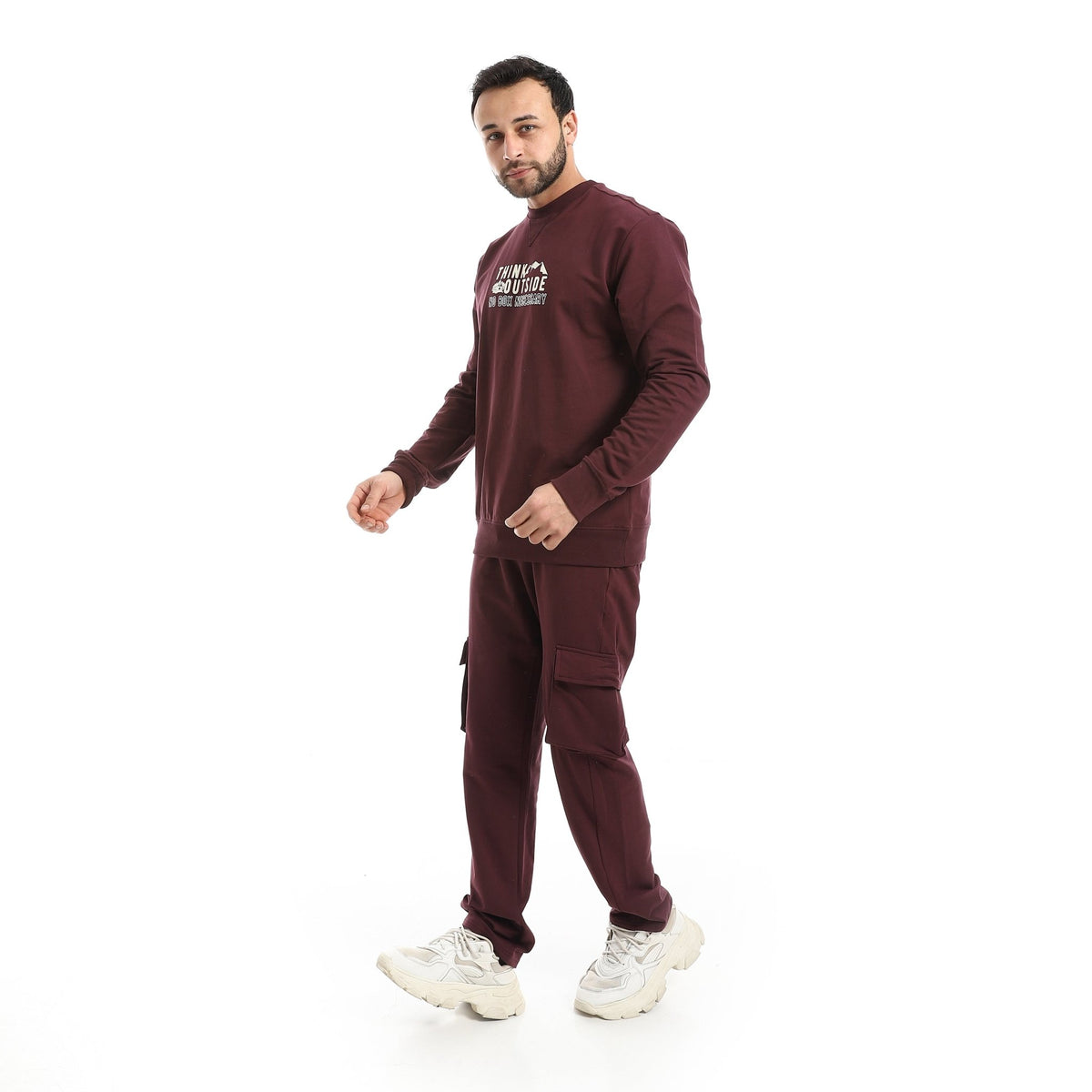Men Graphic Sweatshirt & Cargo Joggers Set - Red Cotton