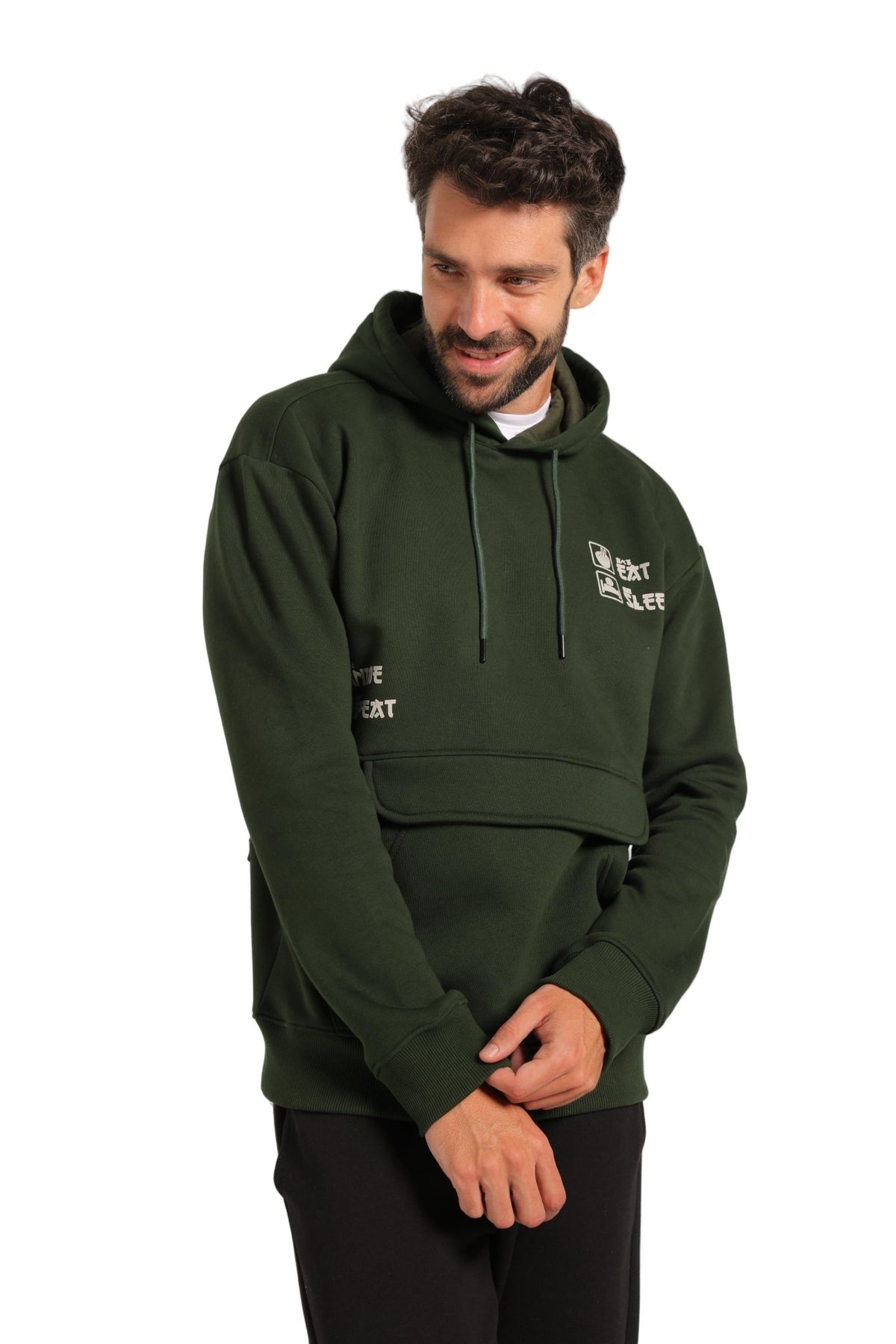 Men Hoodie - Dark Green - Red Cotton