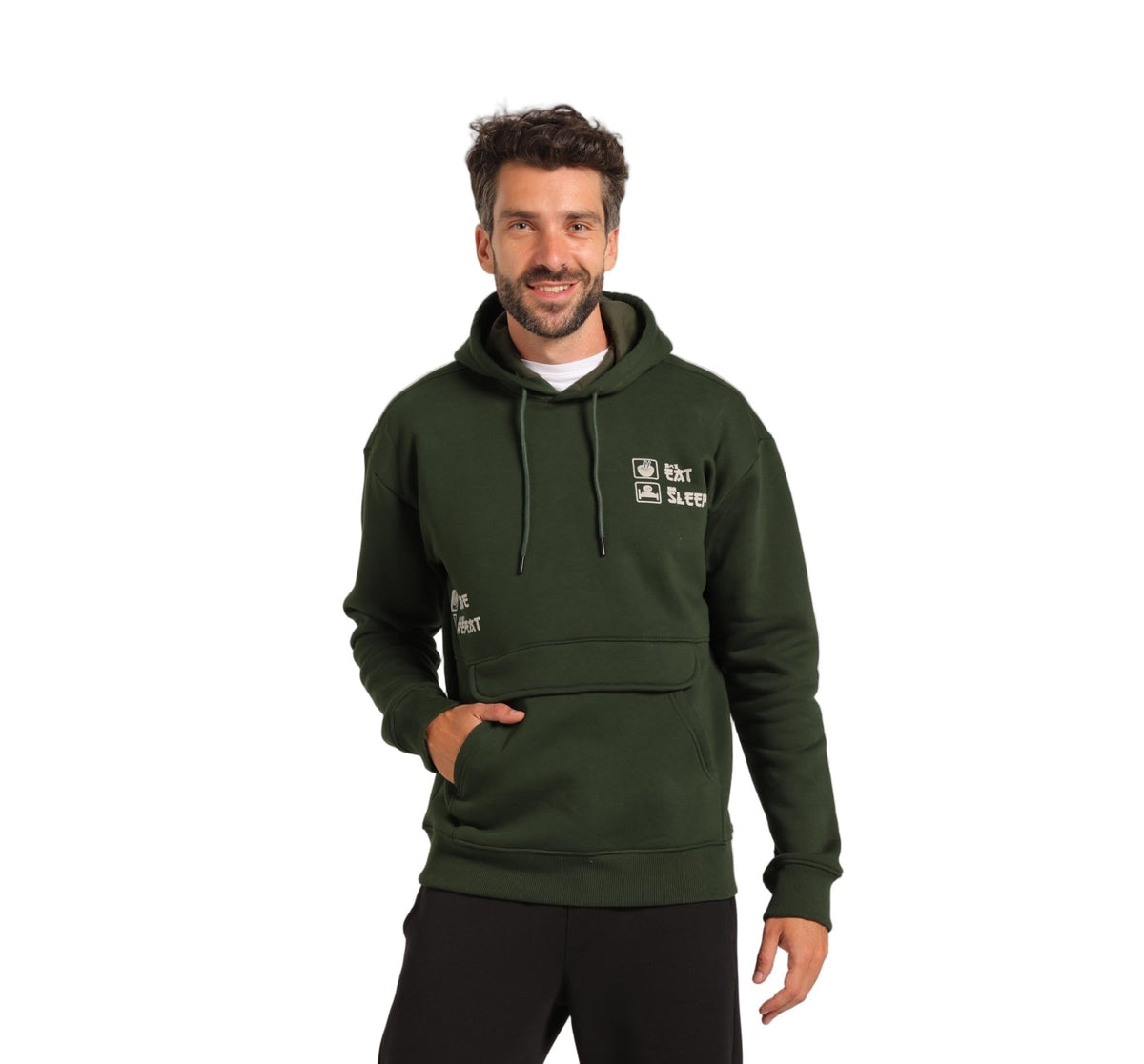 Men Hoodie - Dark Green - Red Cotton