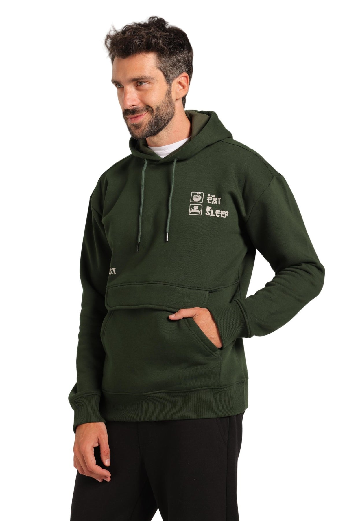 Men Hoodie - Dark Green - Red Cotton