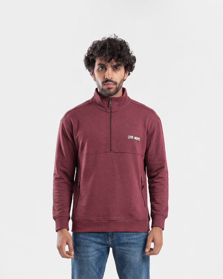 Men "LIVE-MOVE" Quarter-Zip Sweatshirt - Red Cotton
