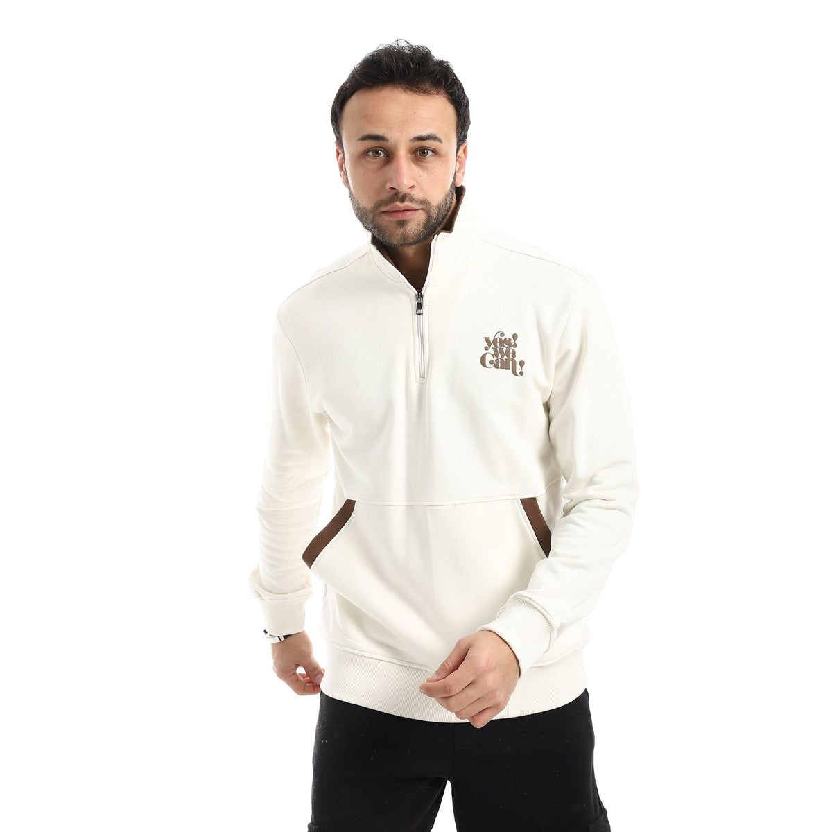 Men Off-White Quarter-Zip Fleece Sweatshirt - Red Cotton