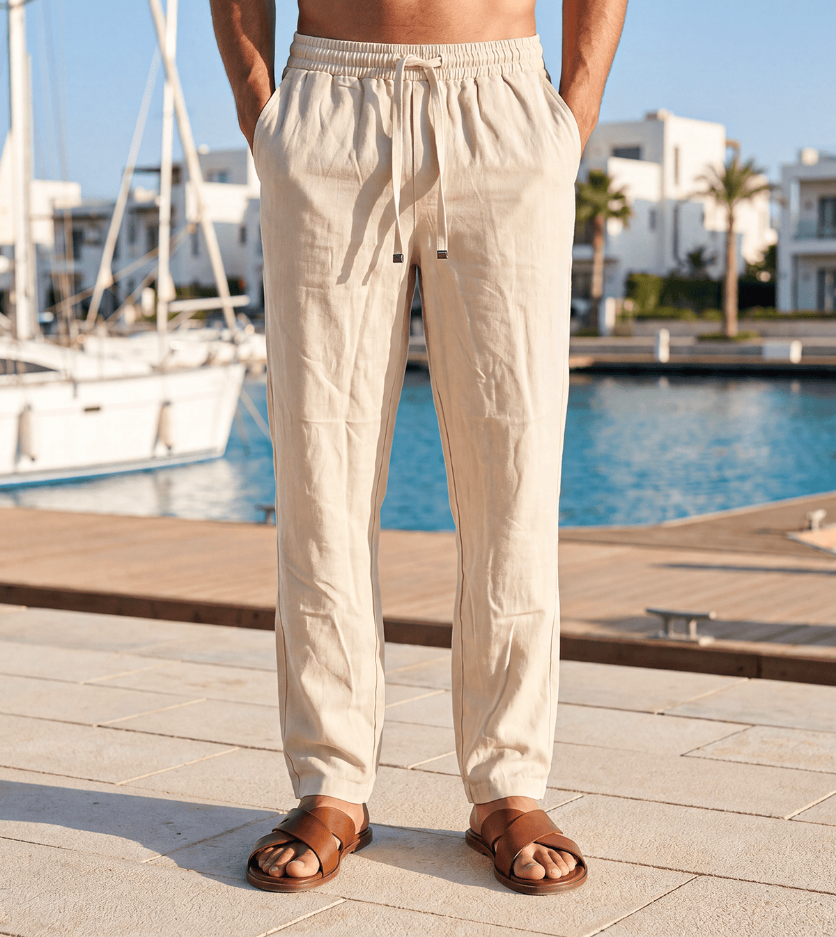 Men Relaxed Linen Pants - Red Cotton