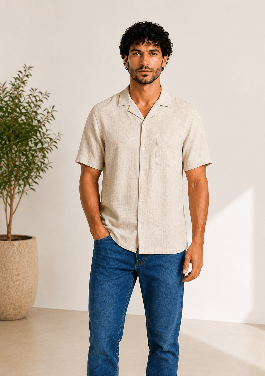 Men Relaxed Short-Sleeve Linen Shirt in Beige - Red Cotton