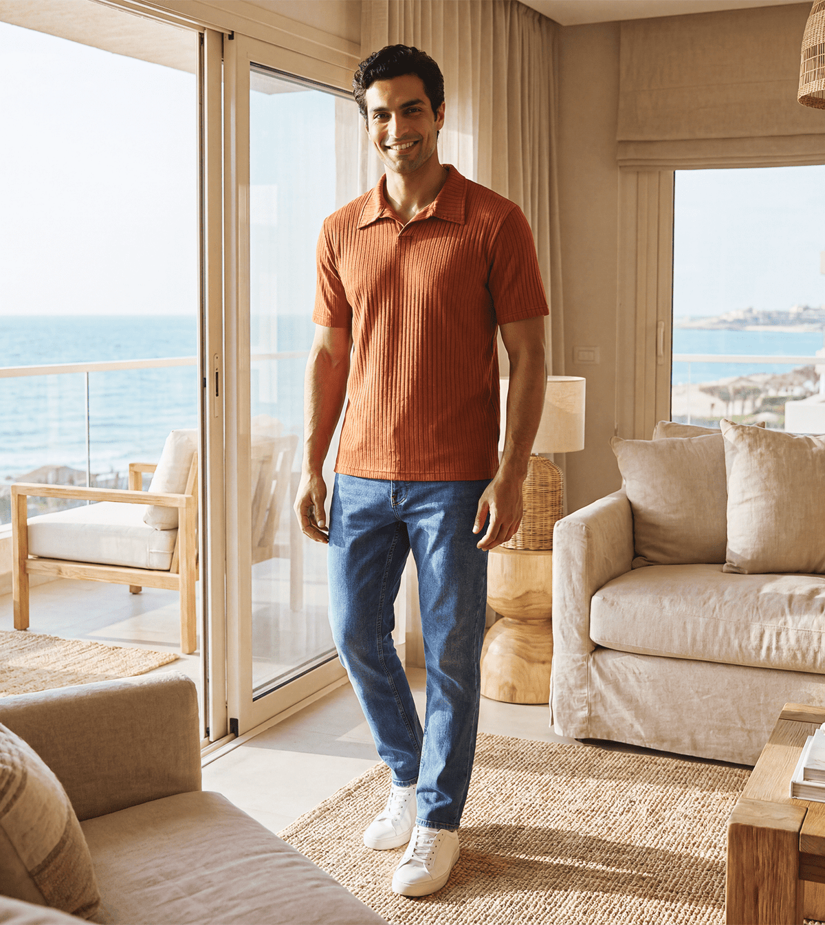 Men Ribbed Knit Polo T-Shirt - Red Cotton