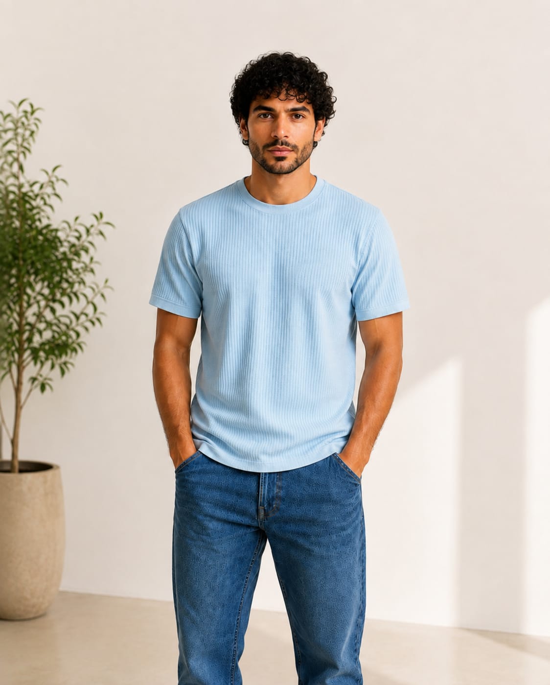 Men Ribbed Knit T-Shirt - Red Cotton