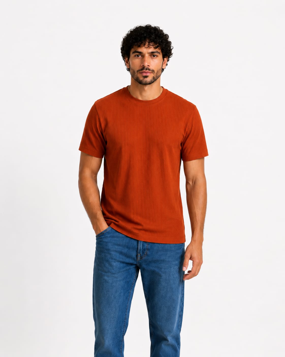 Men Ribbed Knit T-Shirt - Red Cotton