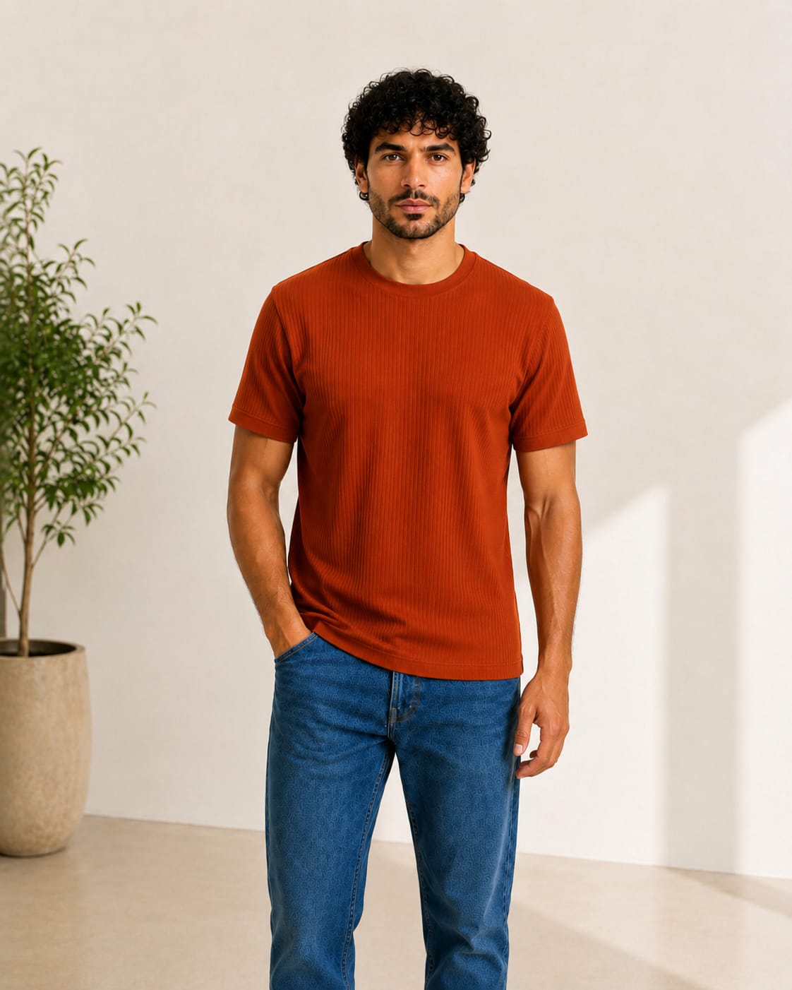 Men Ribbed Knit T-Shirt - Red Cotton