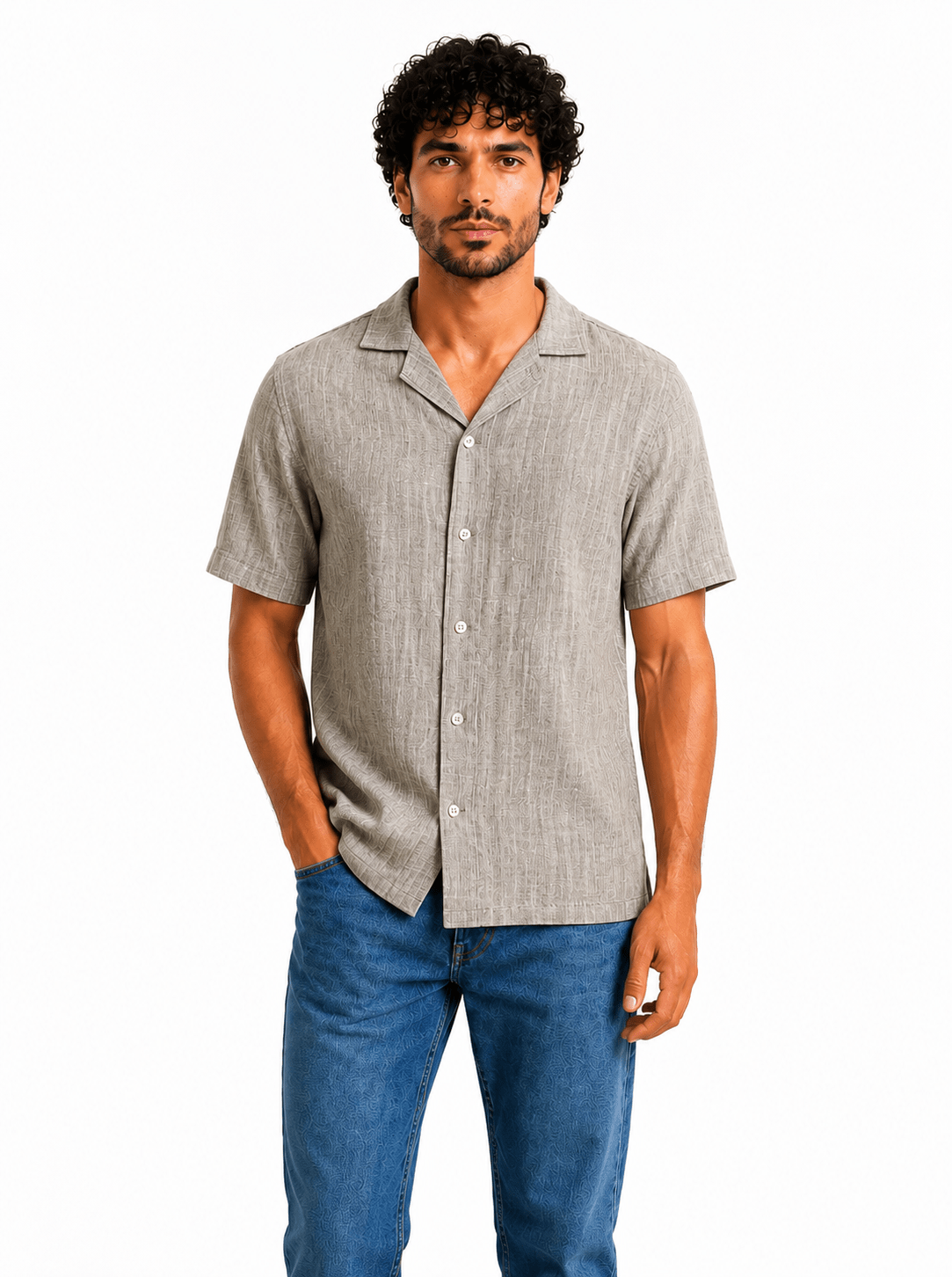 Men Short-Sleeve Camp Collar Linen Shirt in Charcoal Grey - Red Cotton