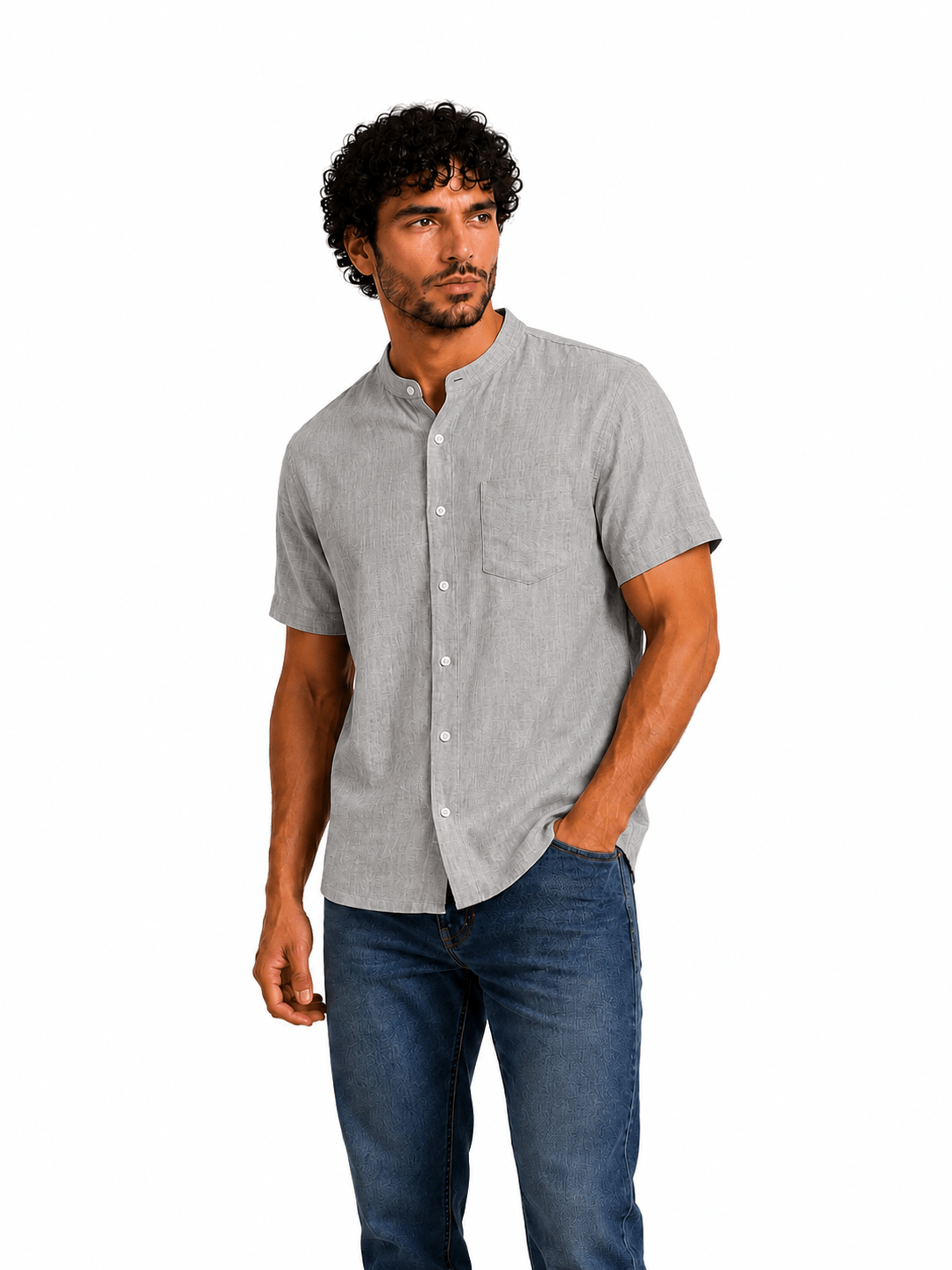 Men Short-Sleeve Mandarin Collar Linen Shirt in Charcoal Grey - Red Cotton