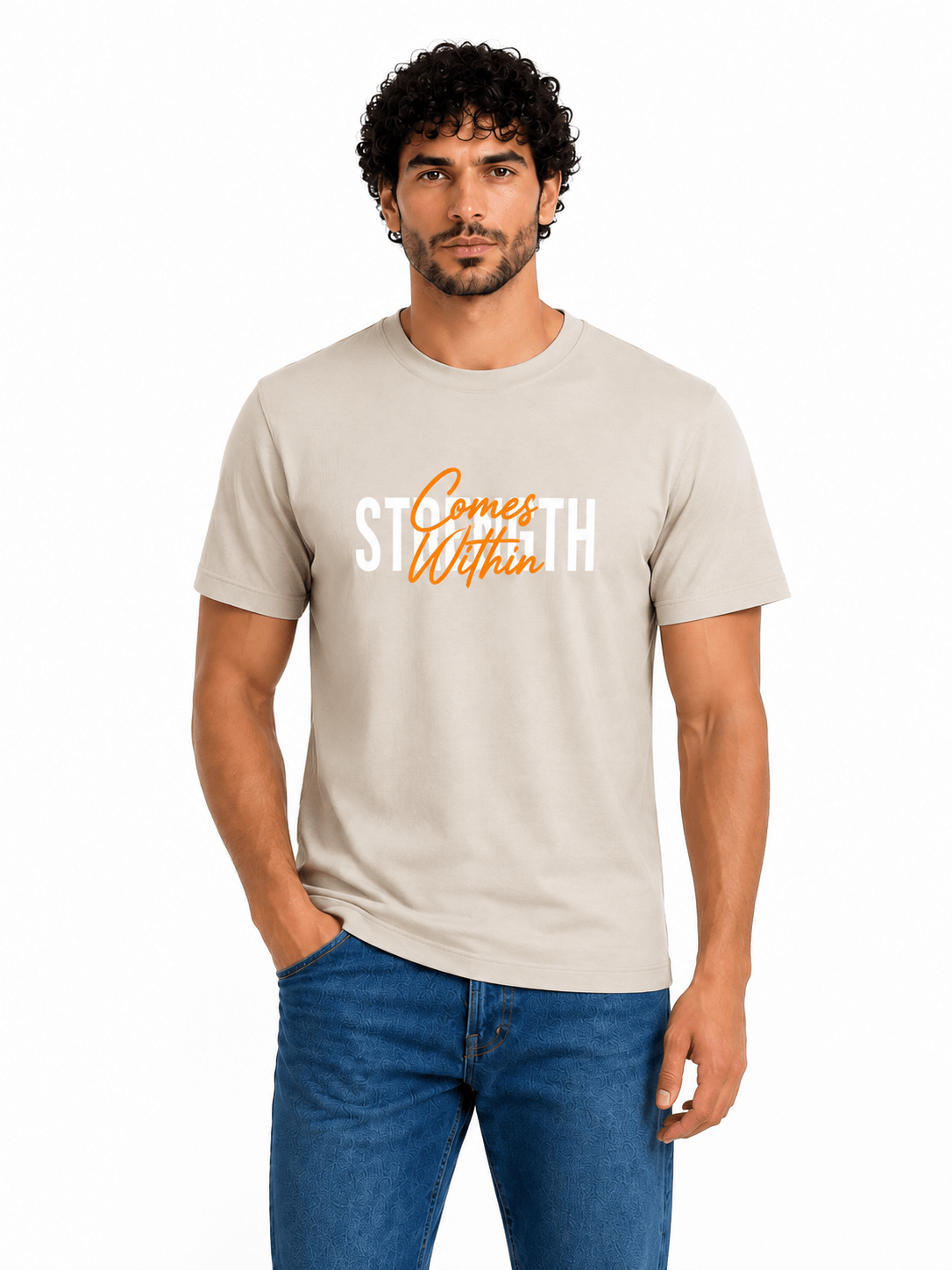 Men "Strength" Script Cotton Tee in Silver - Red Cotton