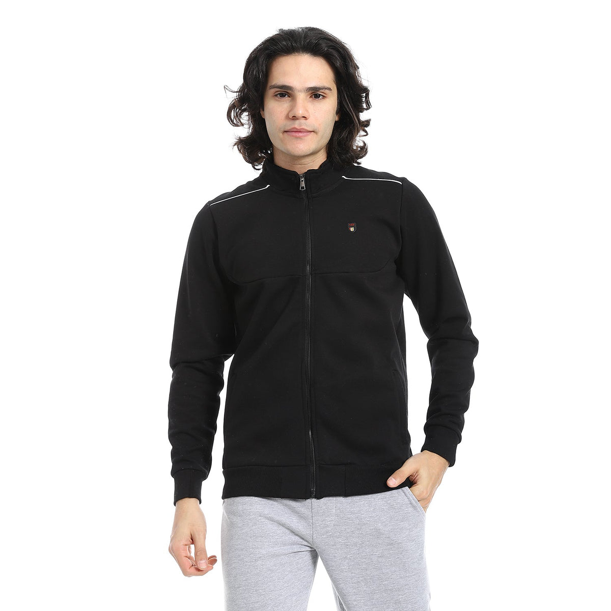 Men Sweatshirt - Mandarin Collar - Red Cotton