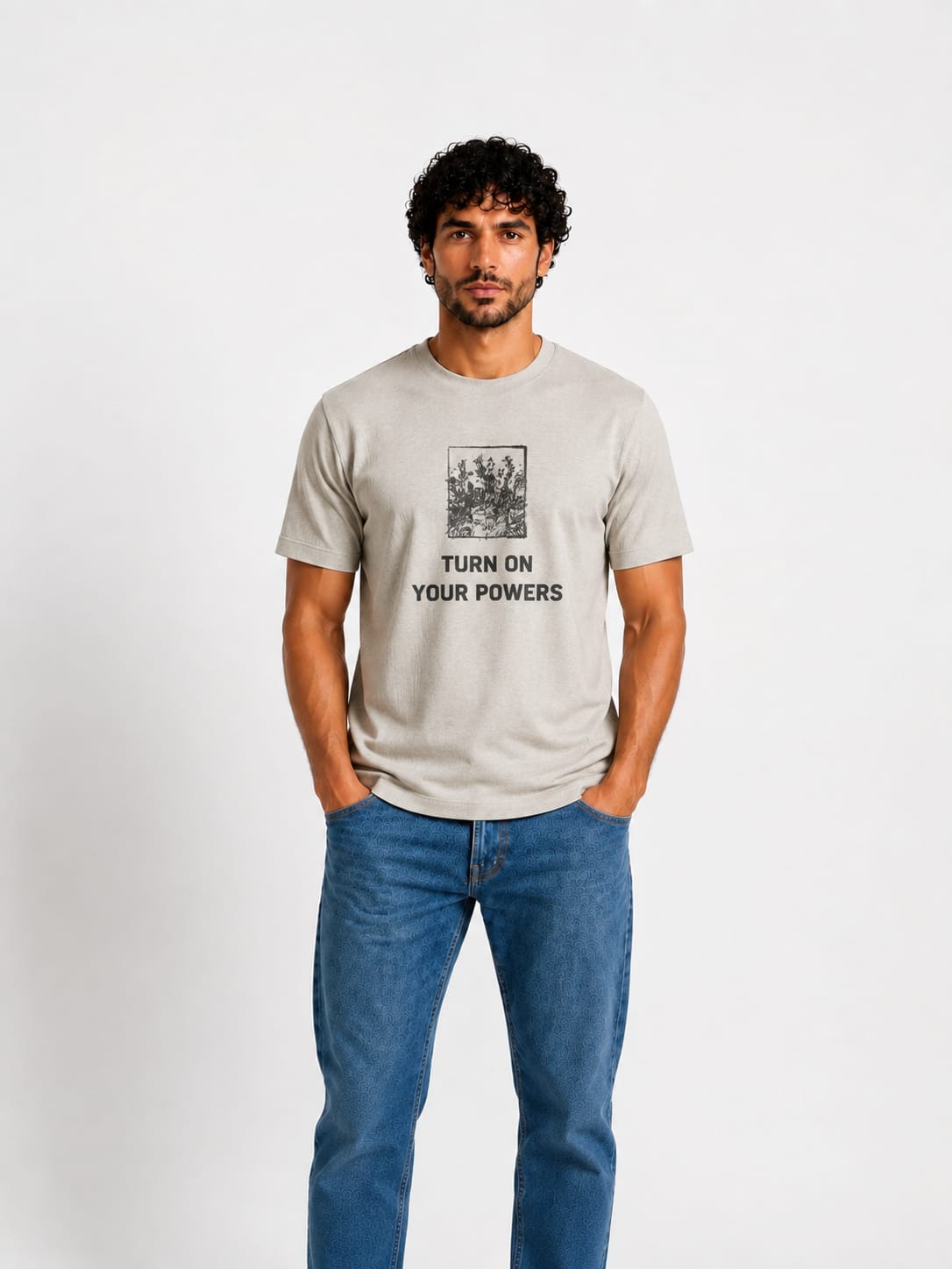 Men "Turn On Your Powers" Motivational Cotton Tee in Silver - Red Cotton