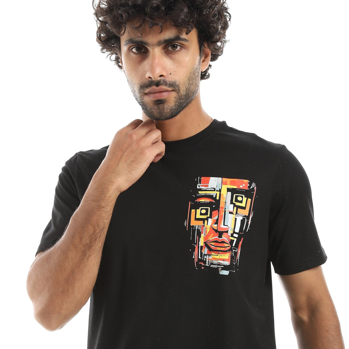 Men’s Black Graphic T-Shirt – Artistic Face Print - Red Cotton