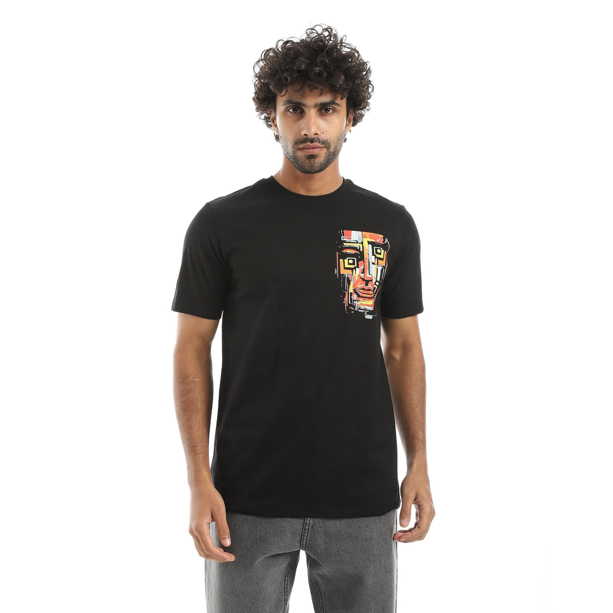 Men’s Black Graphic T-Shirt – Artistic Face Print - Red Cotton