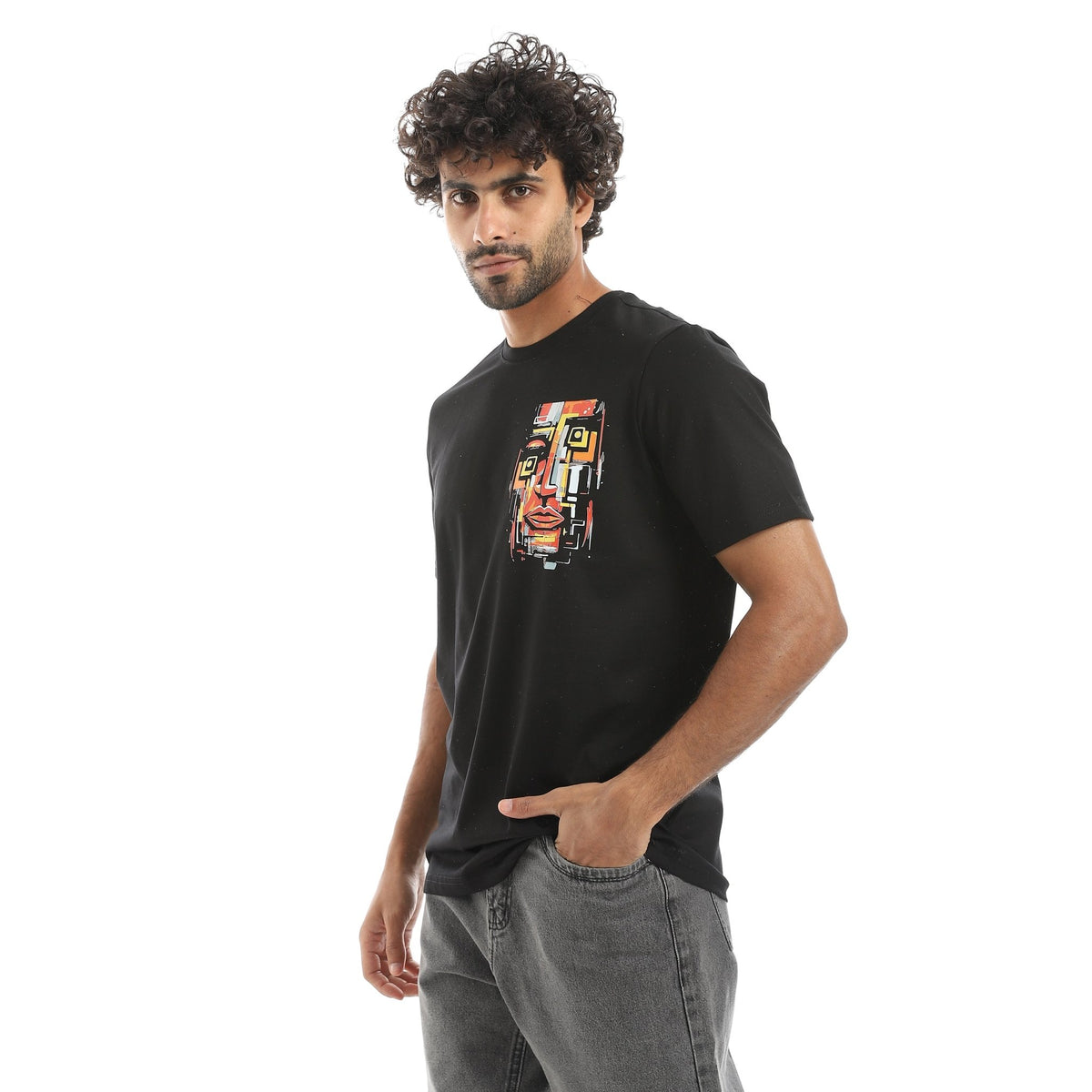 Men’s Black Graphic T-Shirt – Artistic Face Print - Red Cotton
