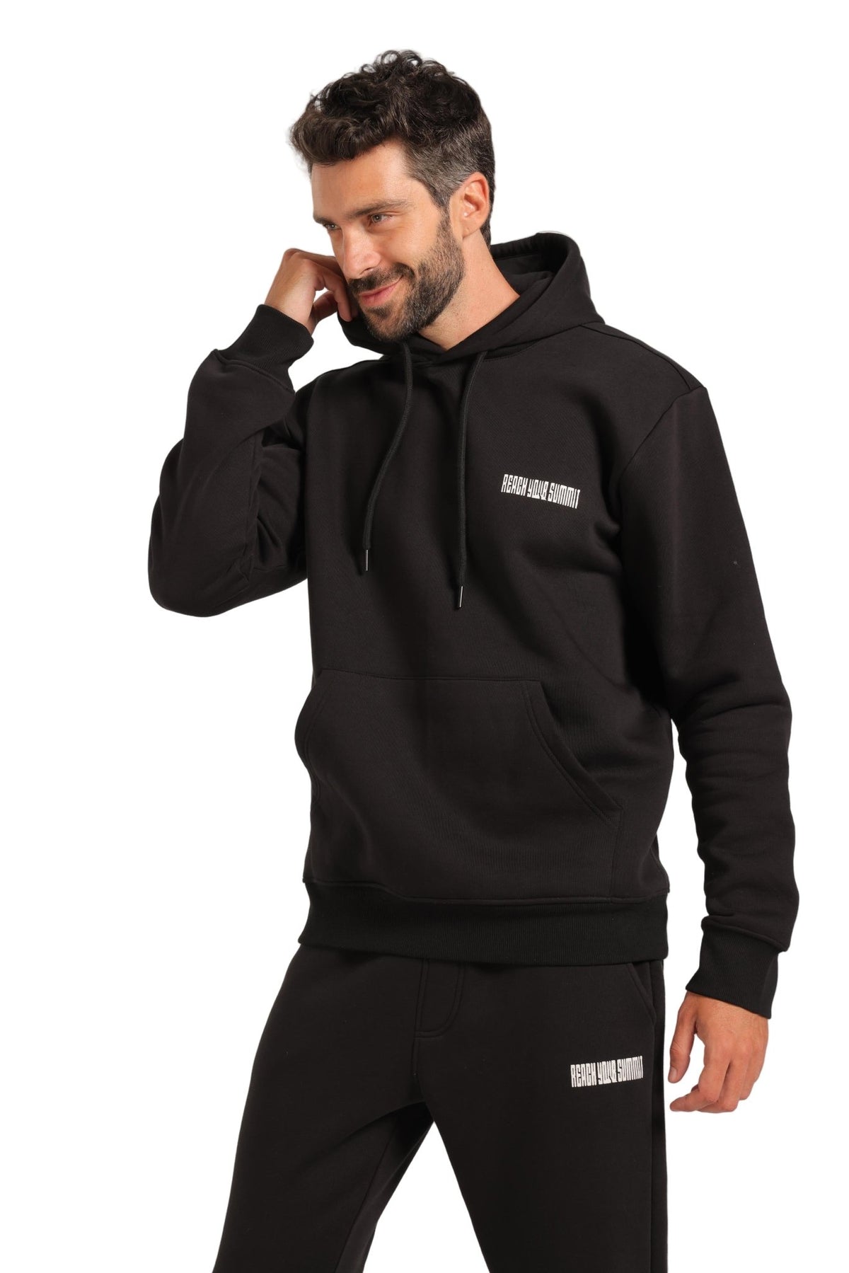 Men's Black Hoodie & Joggers Set - Red Cotton