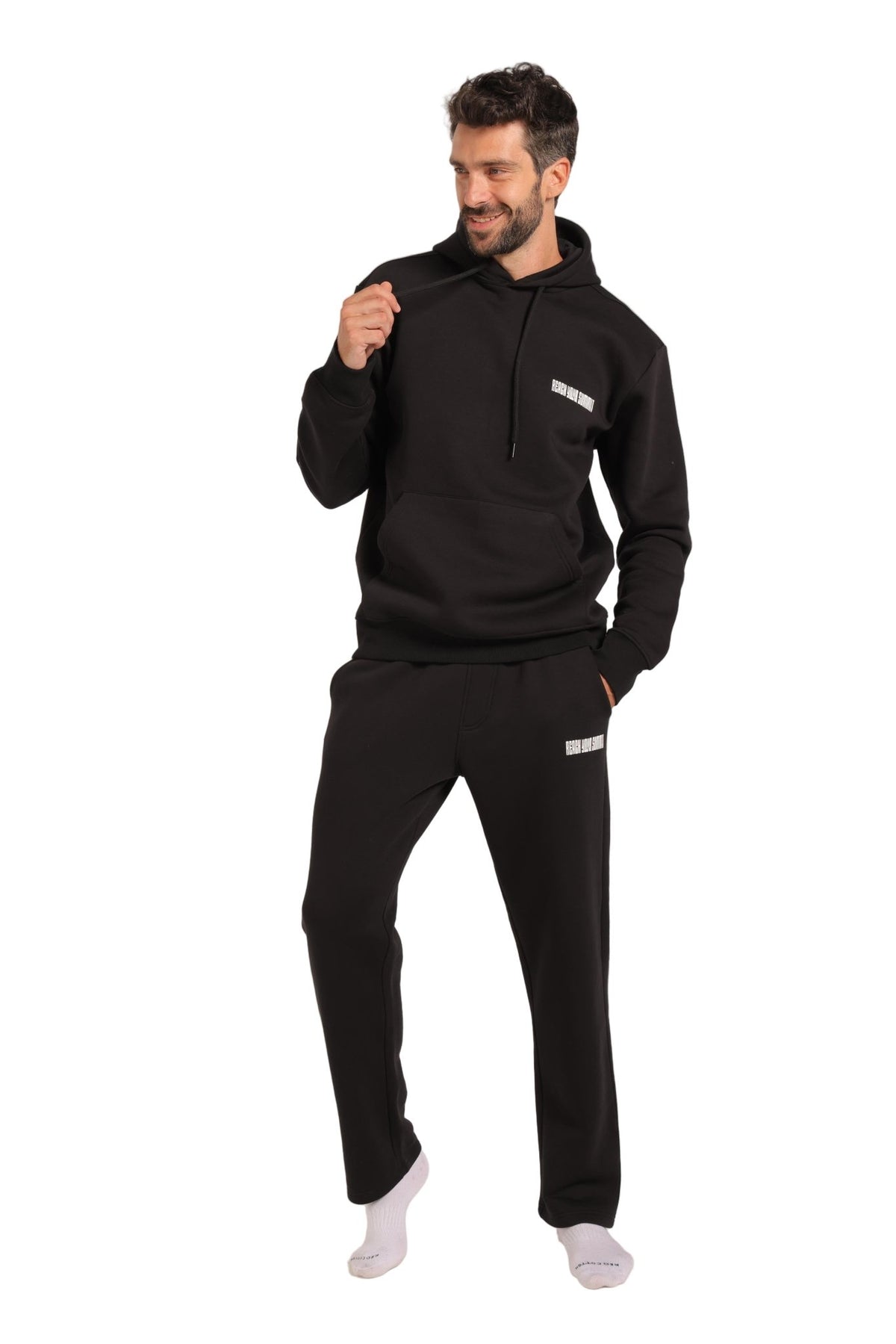 Men's Black Hoodie & Joggers Set - Red Cotton