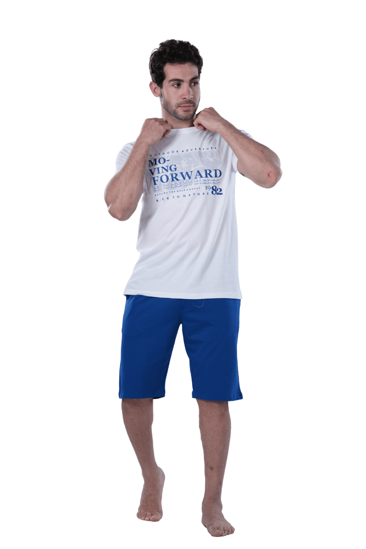 Men's Blue Short Pajama Set with Print - Red Cotton