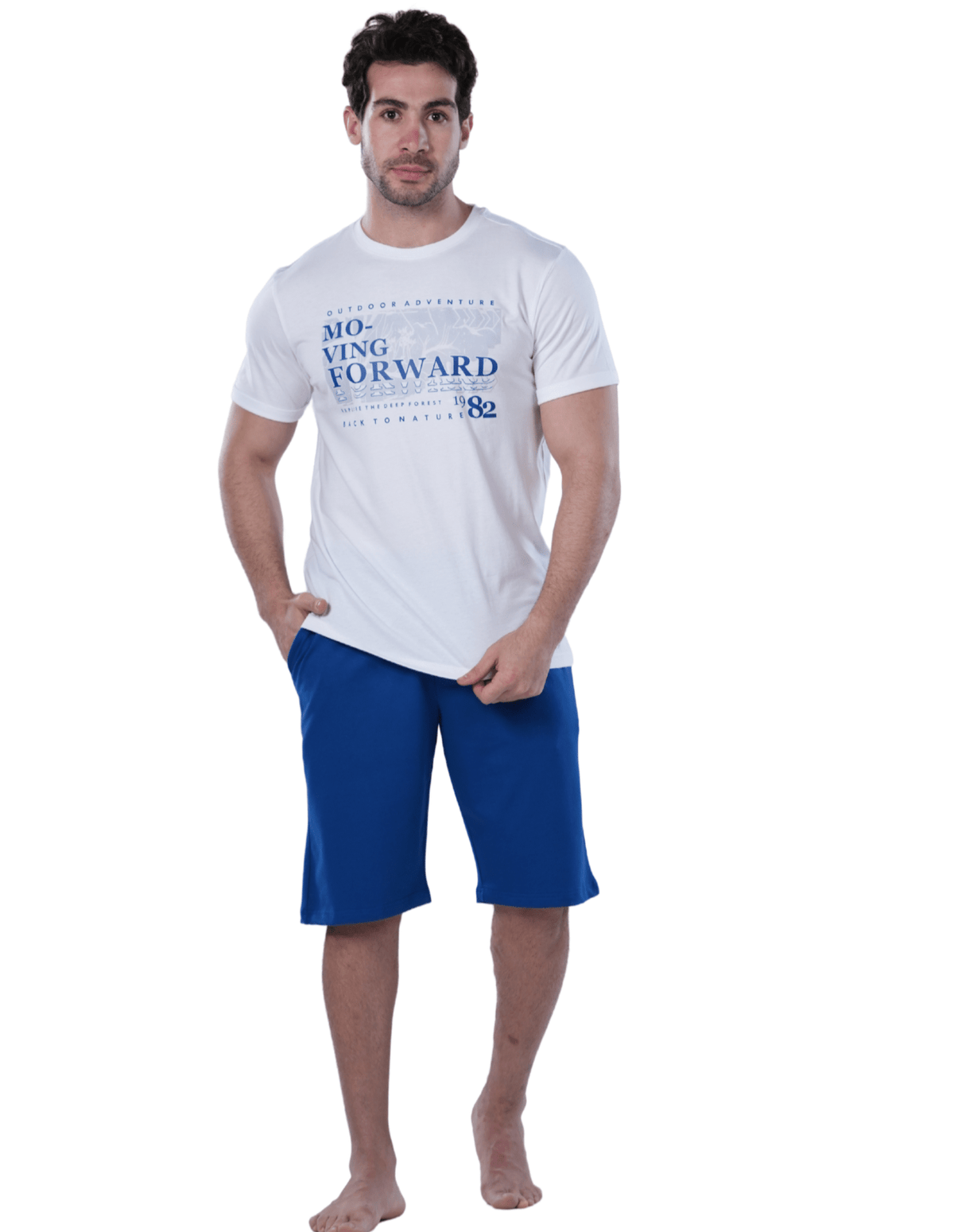 Men's Blue Short Pajama Set with Print - Red Cotton