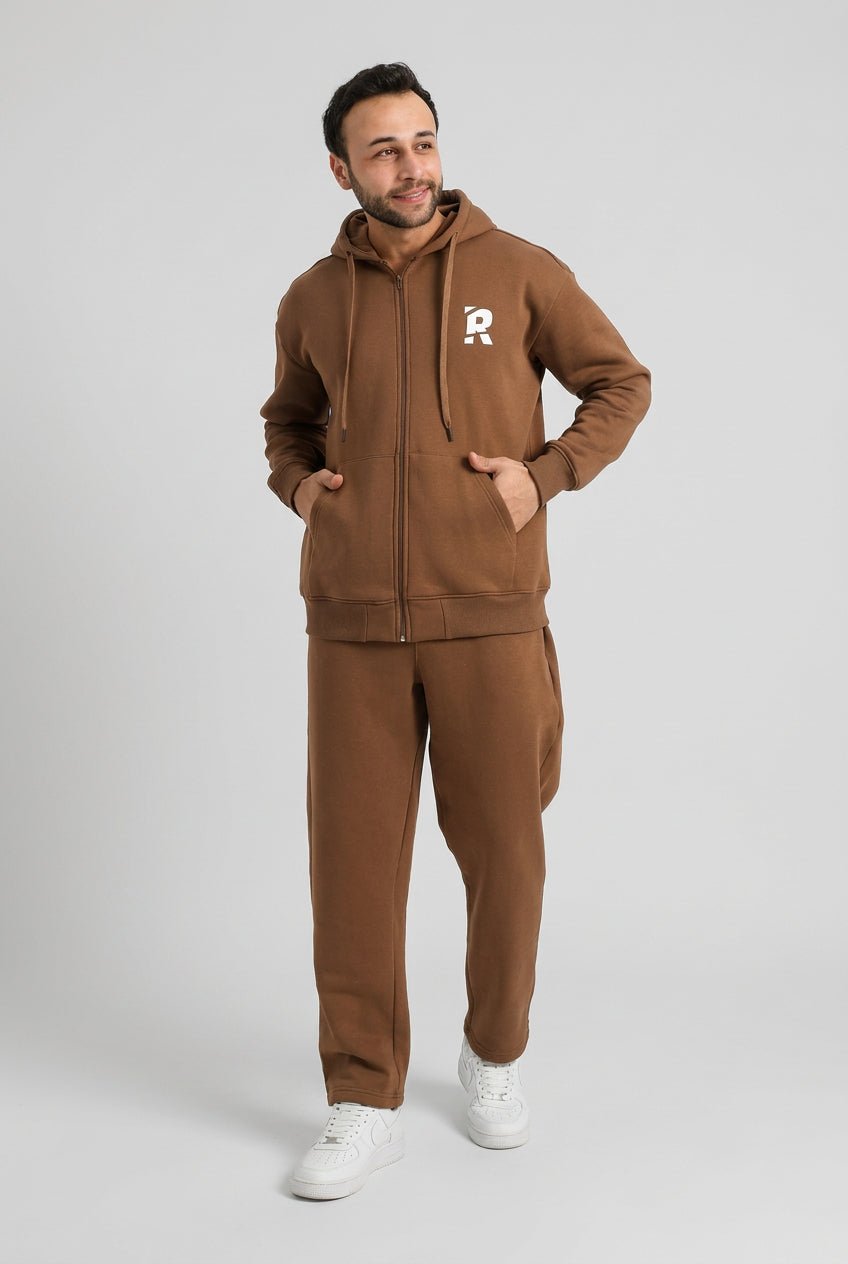 Men’s Brown Hooded Tracksuit – Full-Zip Hoodie & Joggers - Red Cotton