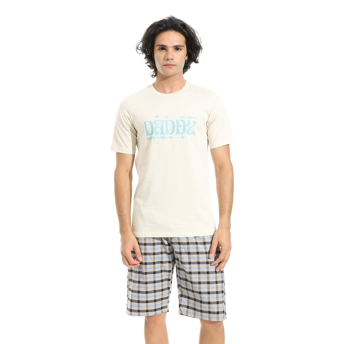 Men's Cotton Pajama Set – Off white Round neck T-Shirt & Checkered Short - Red Cotton