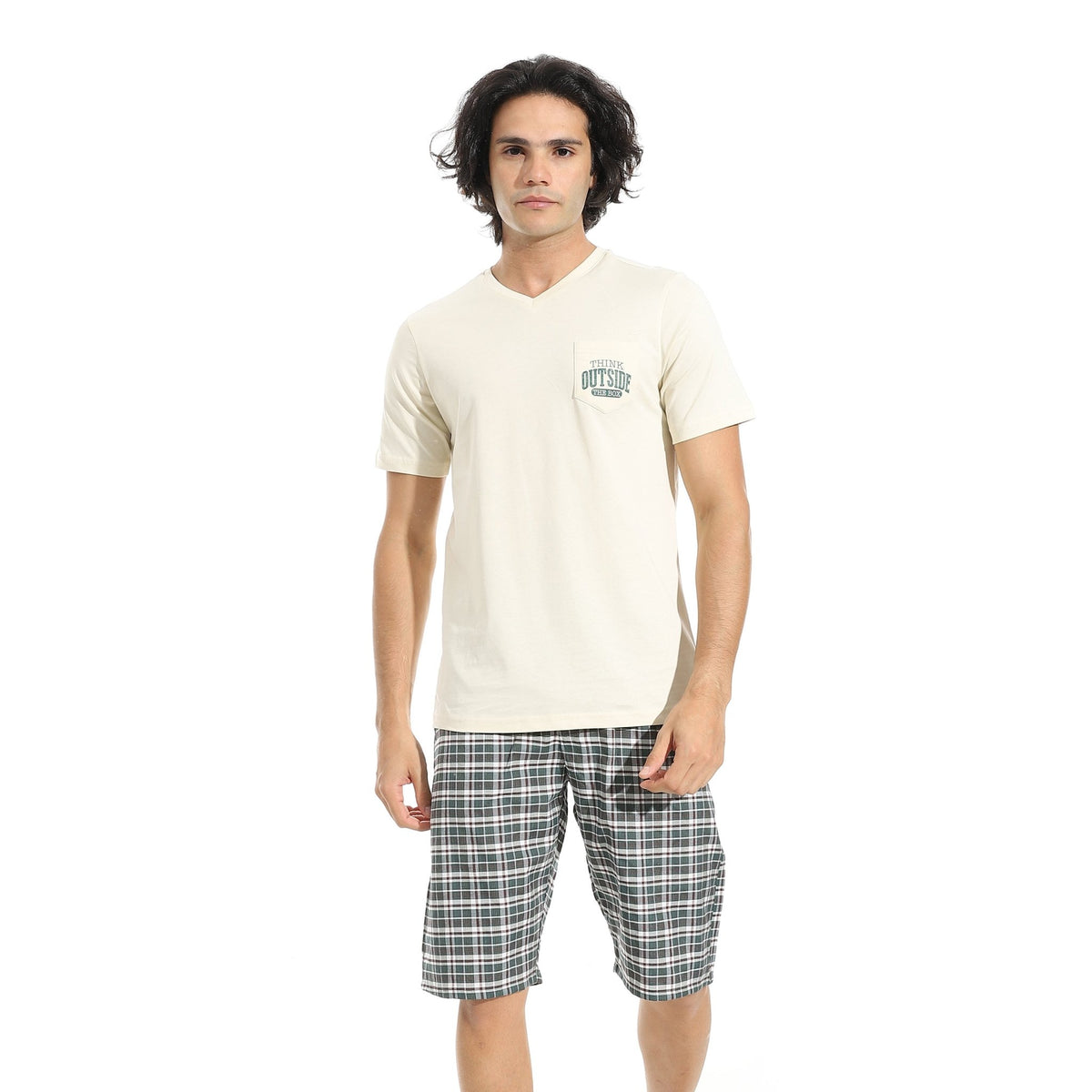 Men's Cotton Pajama Set – Off white V-Neck T-Shirt & Checkered Short - Red Cotton