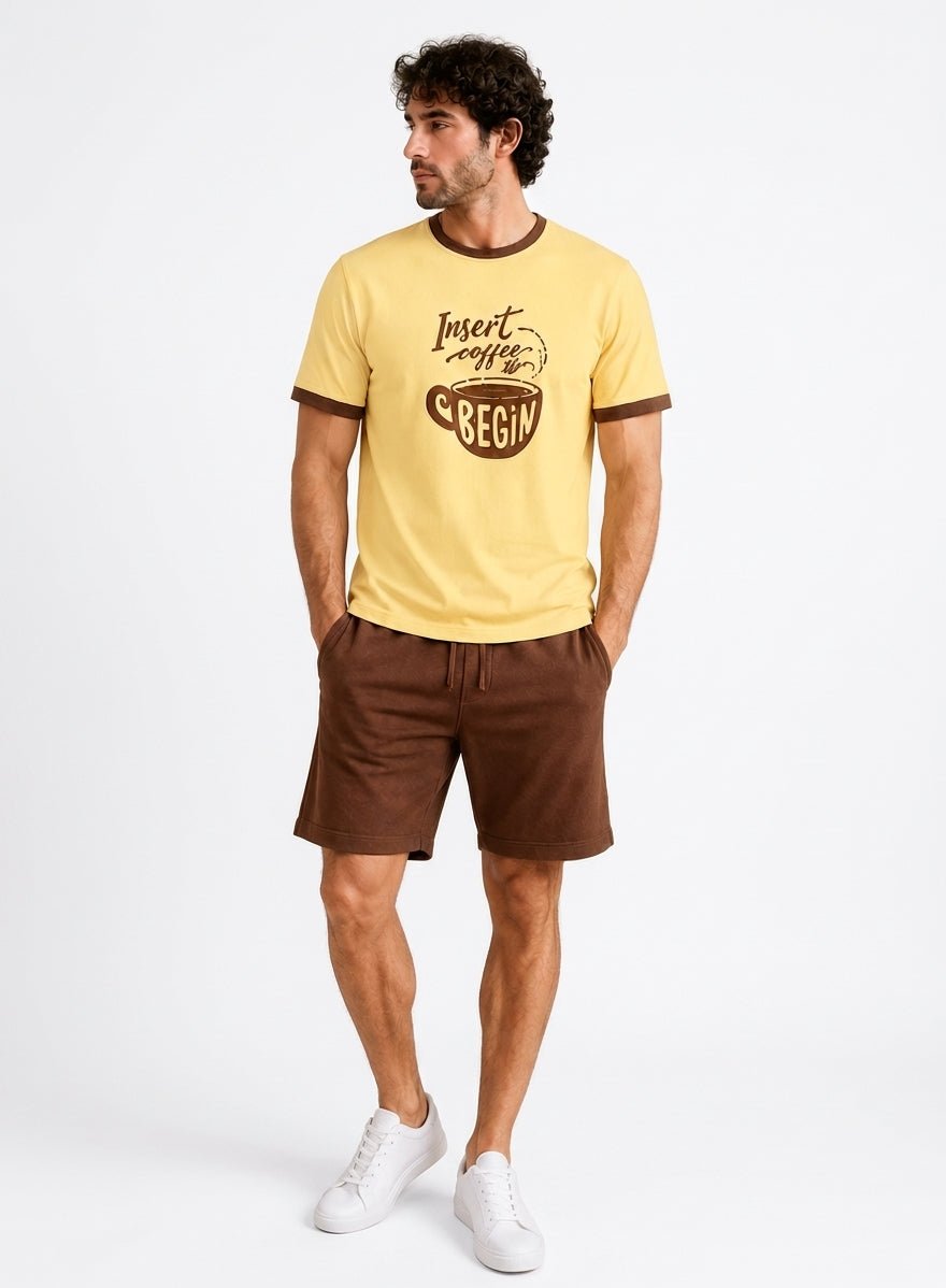 Men’s Cotton Pajama Set – Yellow T-Shirt & Black Shorts - Red Cotton