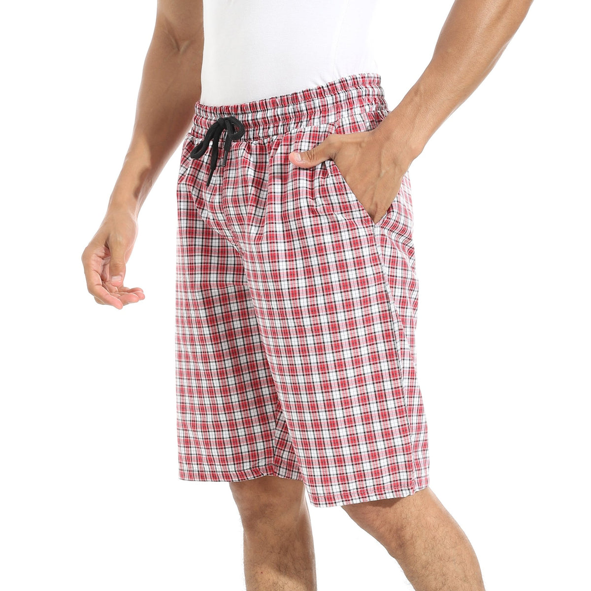 Men's Dark Red Gingham Check Lounge Shorts with Drawstring Waist - Red Cotton