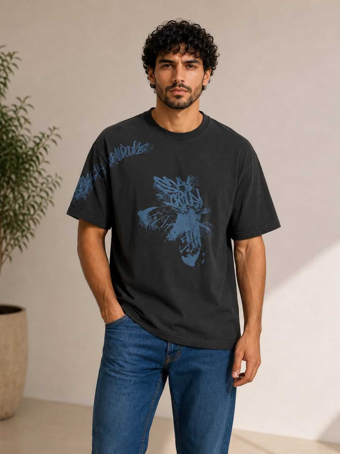 Men’s Garment-Dyed Oversized T-Shirt – Dark Grey - Red Cotton