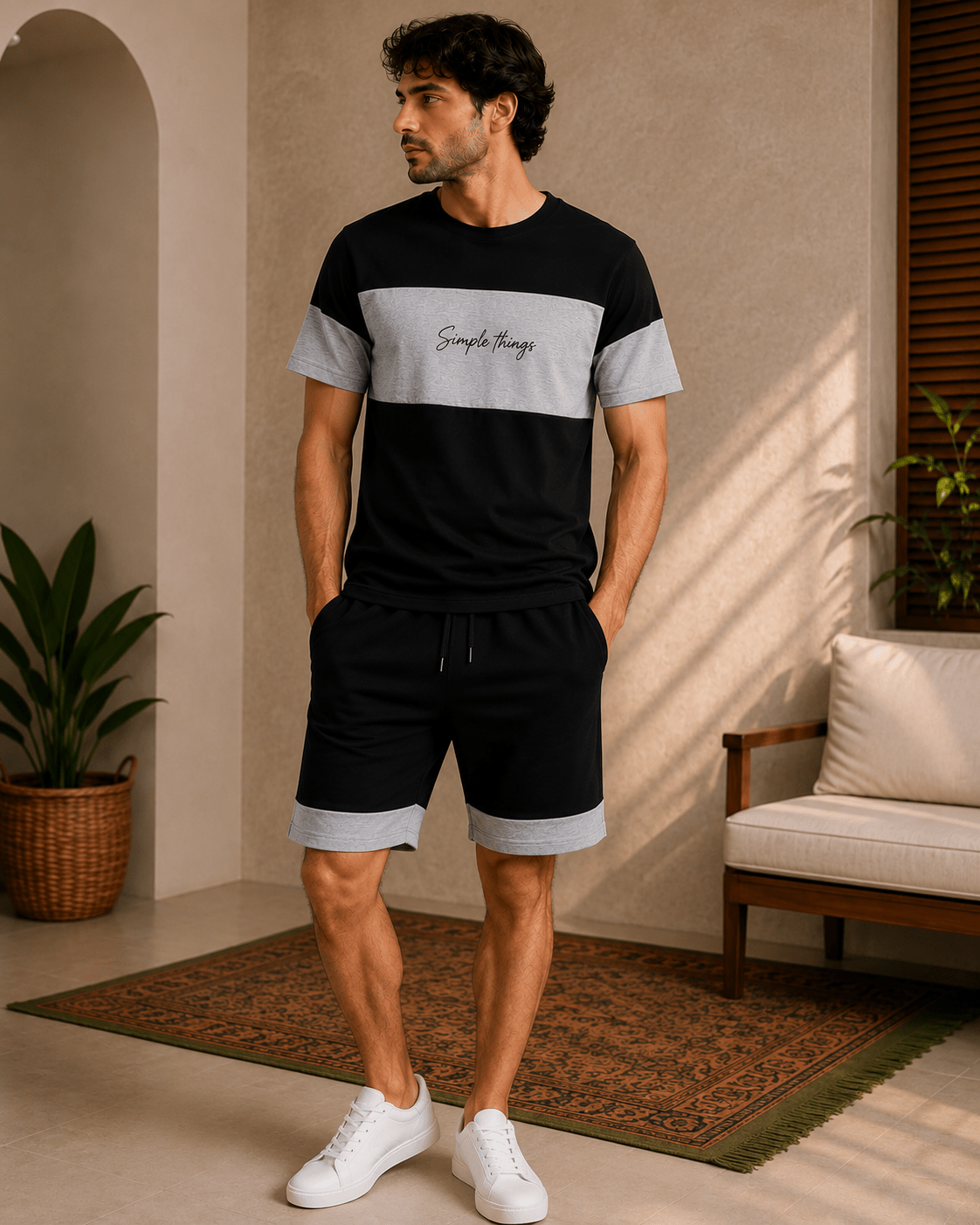 Men's Graphic Chest Cotton Shorts Set - Red Cotton