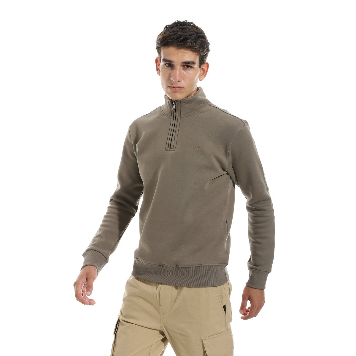 Men’s Half-Zip High-Neck Sweatshirt-Dark Grey - Red Cotton