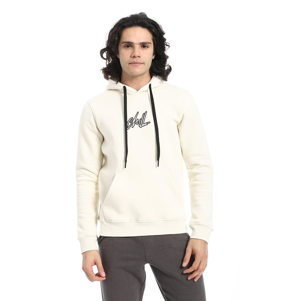 Men's Hoodie With Printed - Off White - Red Cotton